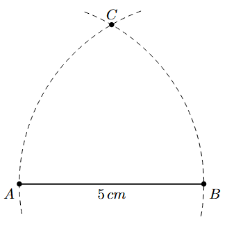 Step 3: A second arc is drawn from B with the same radius, intersecting the first arc at C.